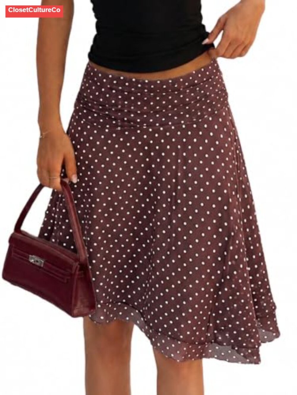 Asymmetrical Midi Skirt Flowy A Line Polka Dot Stretch Mesh Summer